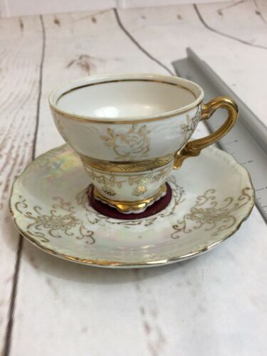 RARE Vintage STERLING CHINA Demitasse Cup And Plate Gold Roses Gold Trim Japan