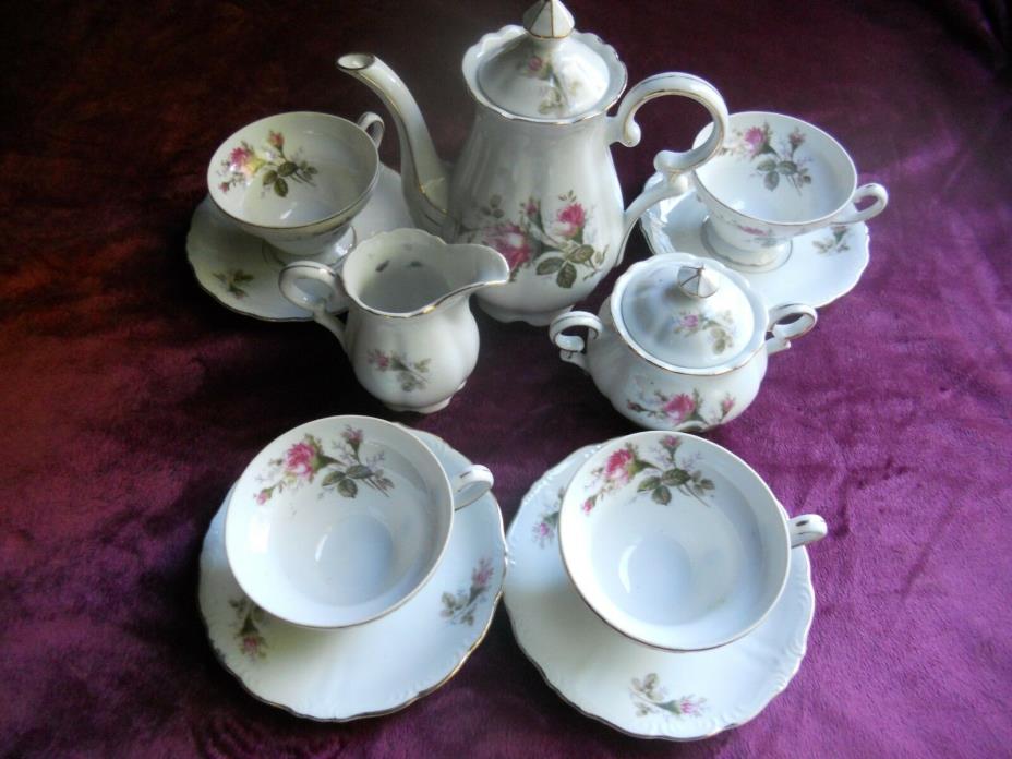 Royal Sealy China *Moss Rose*  Tea Pot, 4 Cups/Saucers, Creamer and Sugar Bowl