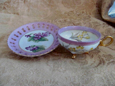 ENESCO Vintage Footed Cup & Saucer Set~Pink Luster Cutout Border~Spring Violets