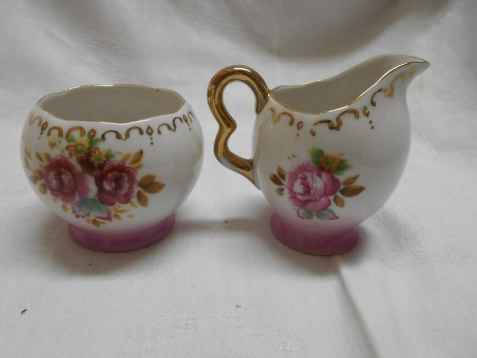 vintage porcelain miniature cream & sugar set pink roses floral 2