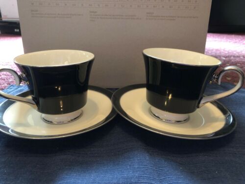 Carico Fine China Mystique Set of 2 Cups & Saucers with Platinum Rim