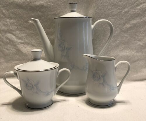 Seizan Japan Blue Rose Coffee Pot Sugar Bowl Creamer Fine China Teapot Set