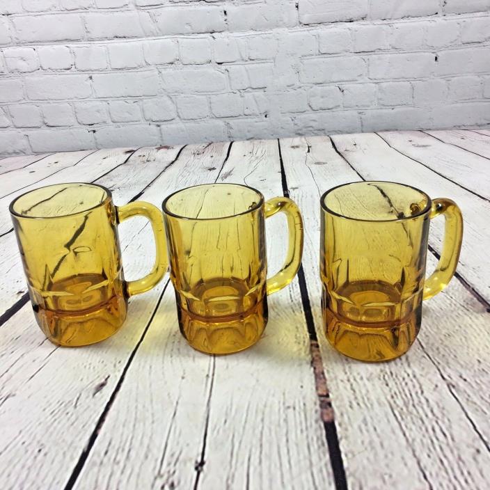 Three Vintage Amber Glass Drinking Beer Mugs