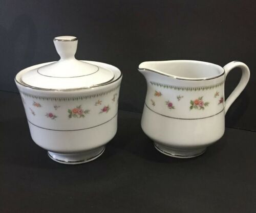 Abingdon Creamer & Sugar Bowl With Lid China Floral With Silver Trim