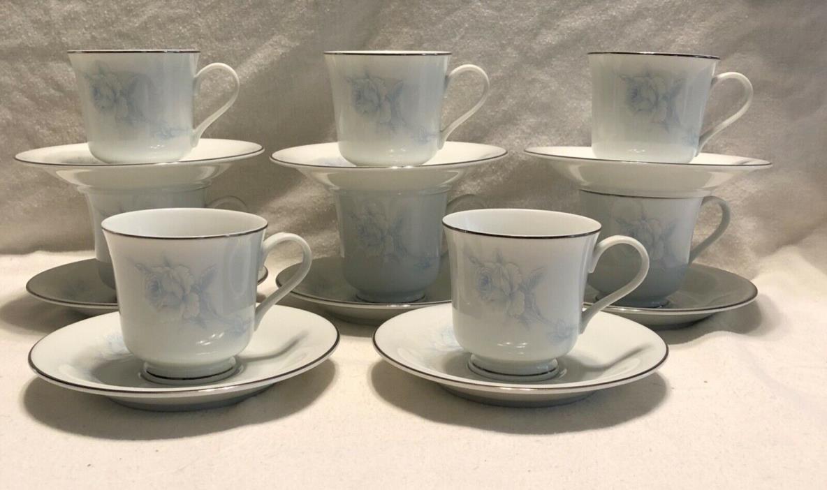 Seizan Japan Blue Rose 8 Cups & Saucers Fine China White with Silver Rim