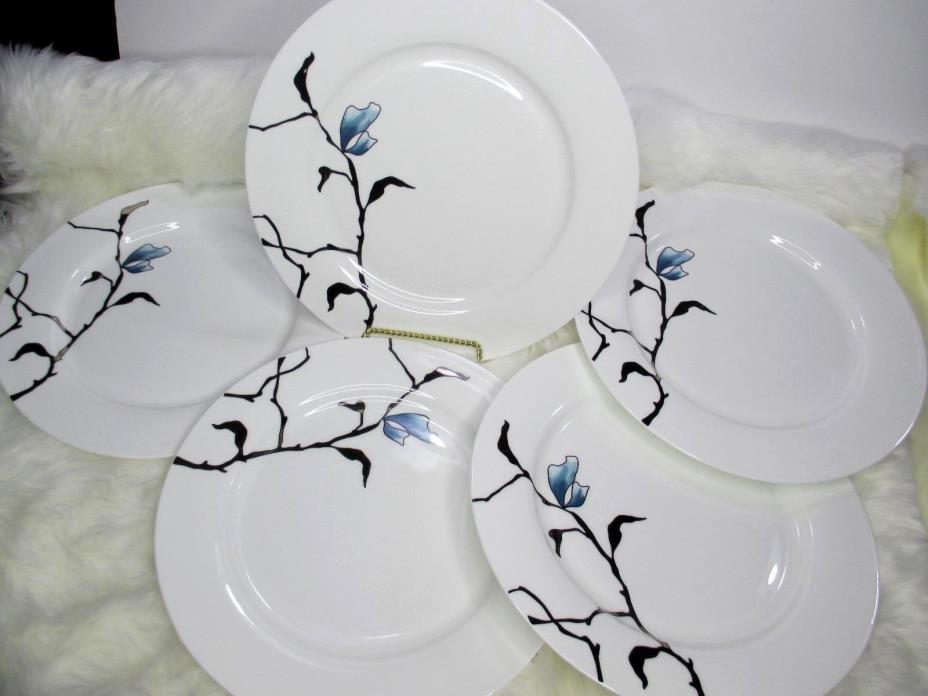 Fitz and Floyd Nevaeh White Dinner Plates Lot 6 Bone China Blue Floral 6 #EL027