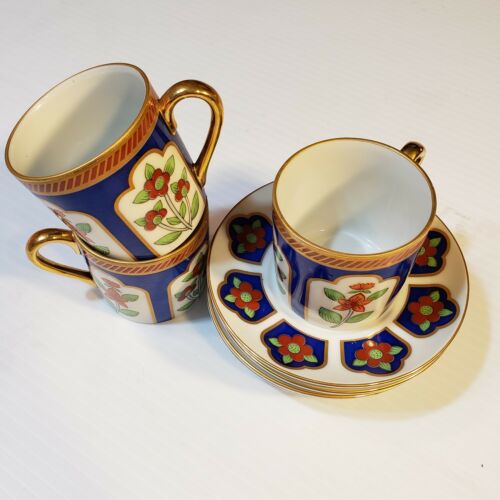 Fitz & Floyd Demitasse Bouillon Tiny Cups Saucers Red Cobalt Blue Gold 7 pieces