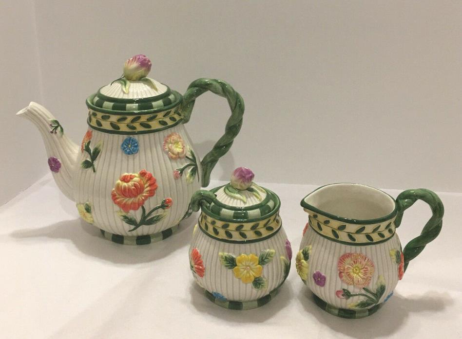 Fitz & Floyd Floral Tea Set- Teapot,Sugar,Lid,Spoon,Creamer-Pre-owned