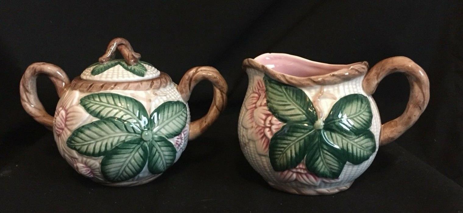 Fitz And Floyd 1989 Tropical Hisbiscus Sugar Bowl And Creamer