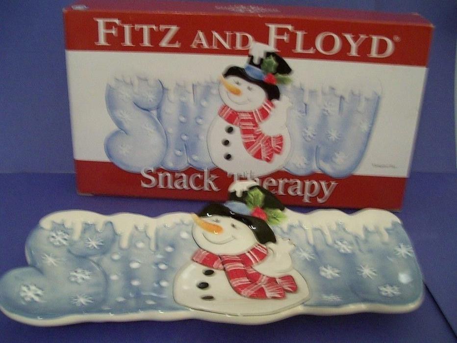 FITZ AND FLOYD SNACK THERAPY - SNOWMAN  SNOW ELONGATED SNACK TRAY - NEW IN BOX