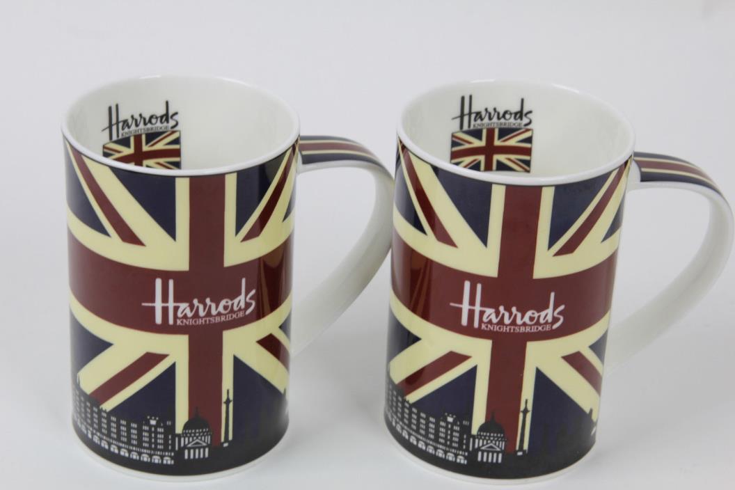 2 Harrods Knightsbridge London Union Jack Flag British England Coffee Mugs