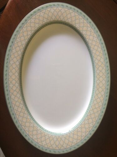 Fitz and Floyd Monterey Blue Green Graphic Leaf Design Rim White Oval Platter