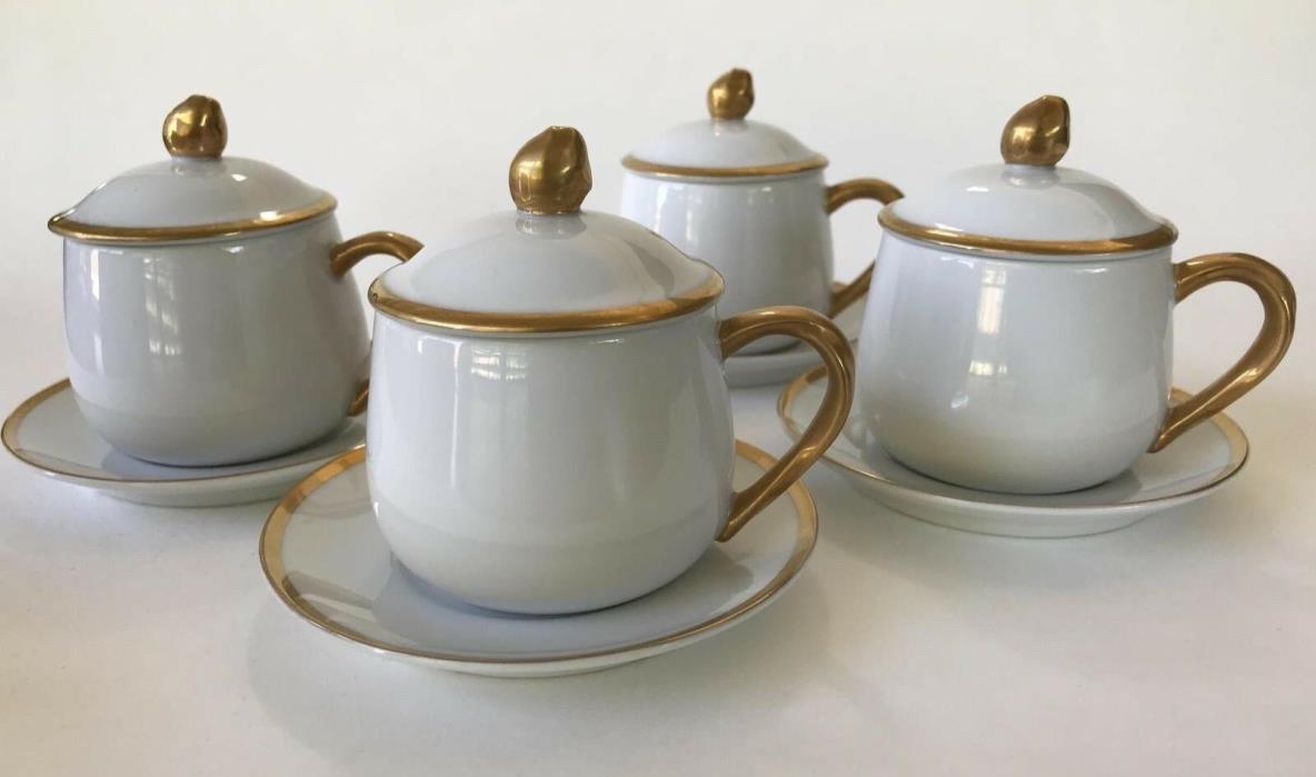 Fitz & Floyd 4 Demitasse Teacups/Saucers with lids Espresso Coffee Pot de Creme