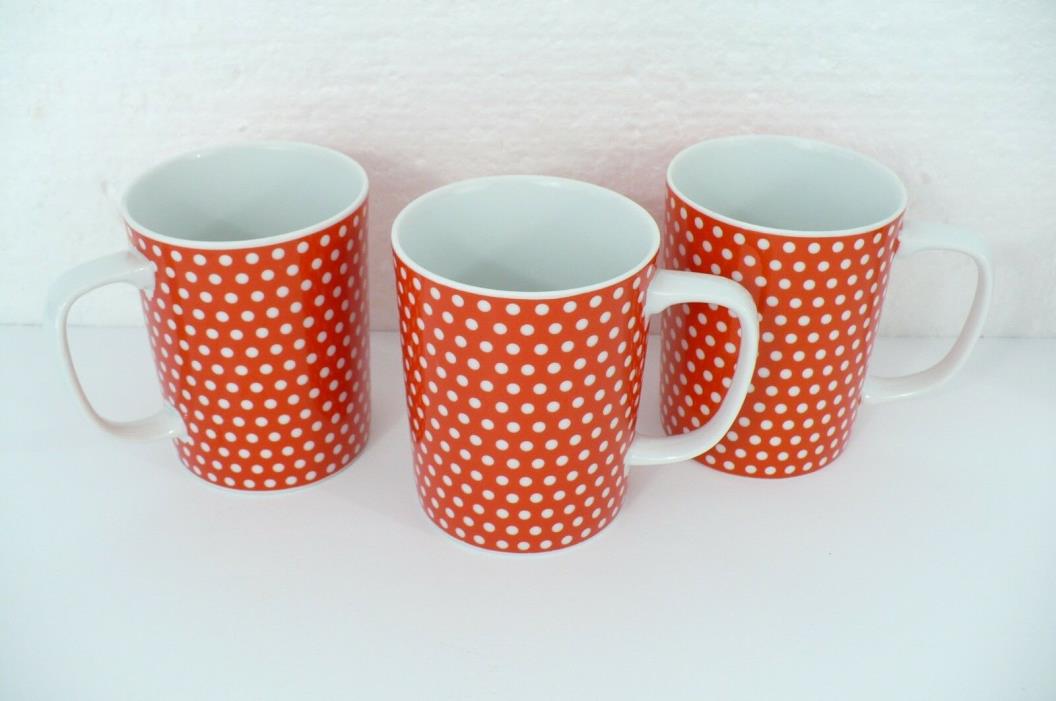 3 FITZ & FLOYD  Red White Polka Swiss Dots Coffee Mugs