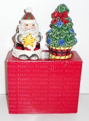 Fitz and Floyd Salt and Pepper Christmas HOMESPUN HOLIDAYS SANTA and TREE In Box