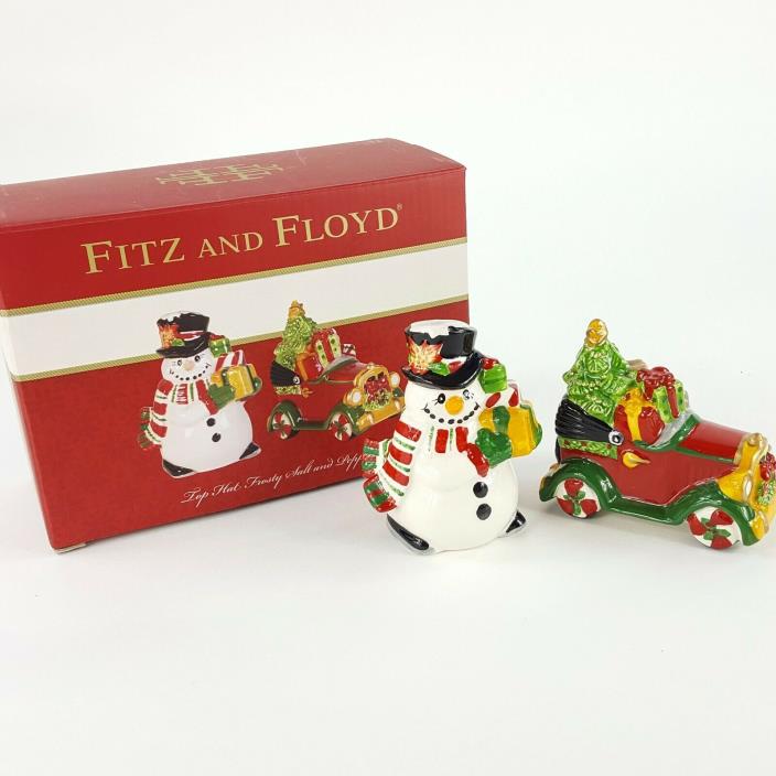 Fitz & Floyd Top Hat Frosty w/ Car Salt & Pepper Shaker Christmas Set 49-502 NEW