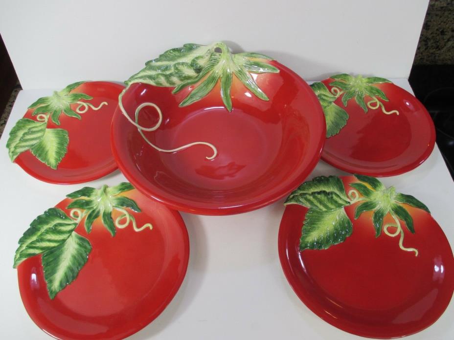 Fitz and Floyd Marche Serving Bowl & 4 plates Tomato Vegetable NOS #EL0515