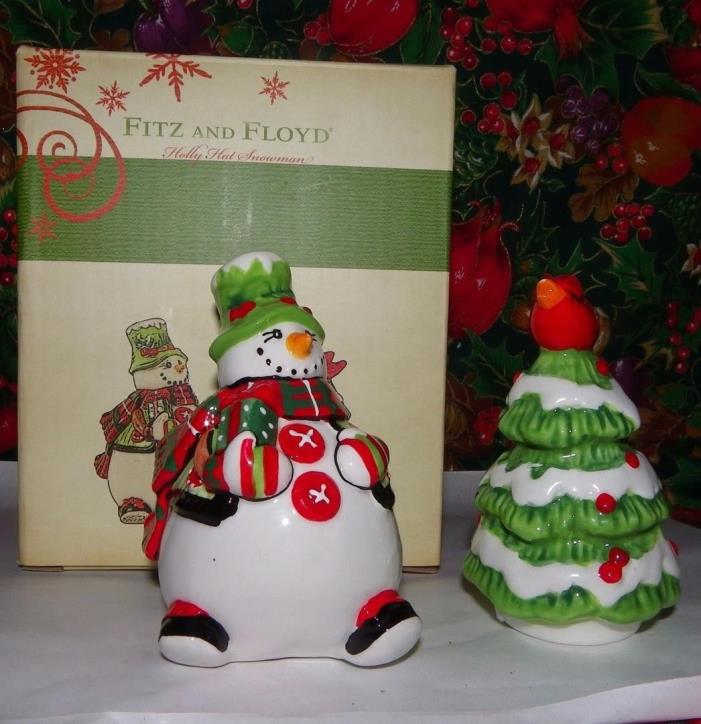 Fitz & Floyd Holly Hat Snowman Salt & Pepper Shakers Brand New In Original Box