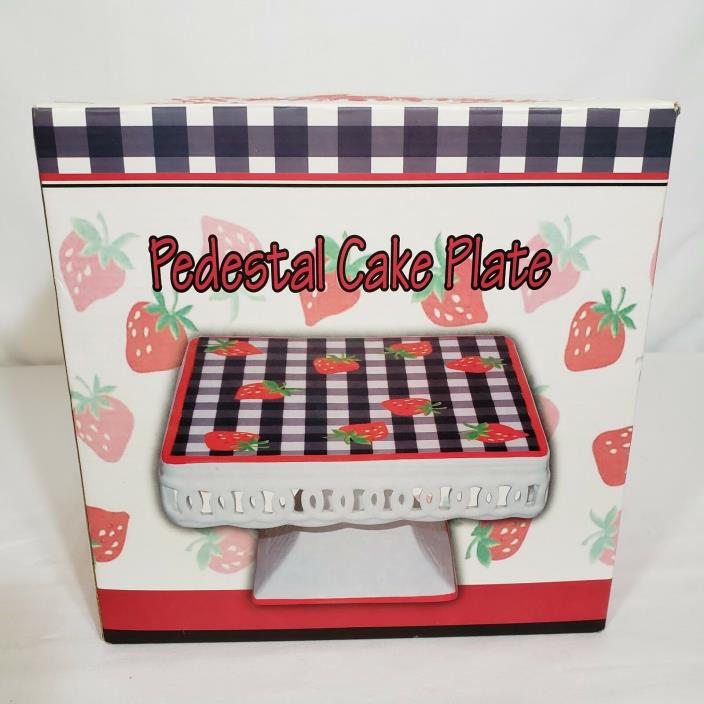 Ceramic Pedestal Cake Plate Strawberries Checkered Top 8 5/8