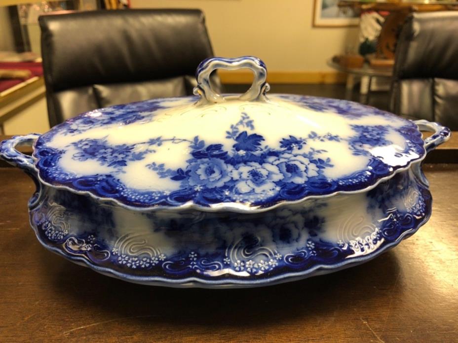 ANTIQUE FLOW BLUE WHITE Osborne W H GRINDLEY GOLD TRIM VEGITABLE SERVING BOWL