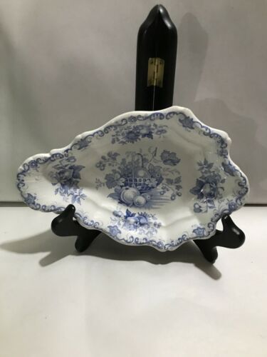 Antique Blue Transferware Shell Shaped Relish Dish Fruit Basket 1840s