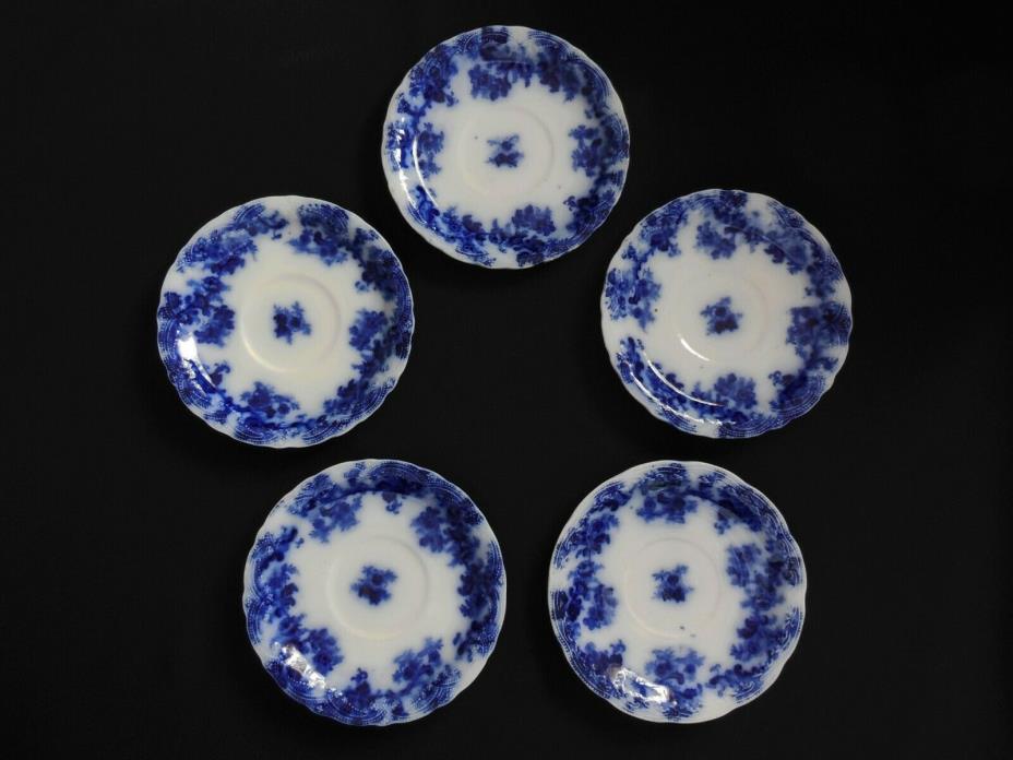 LOT OF 5 Antique 1800's New Wharf Pottery LANCASTER FLOW BLUE Saucers Cup Plates