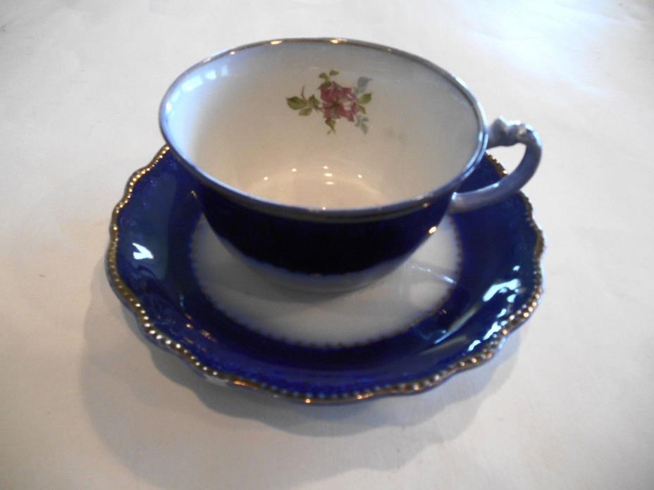 ANTIQUE FLOWING BLUE ROSES PATTERN CUP & SAUCER ENGLAND EXCELLENT