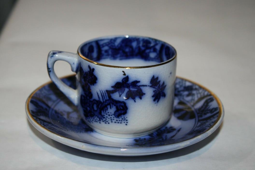Antique Gilman Flow Blue Demitasse Cup & Saucer Set Portugal