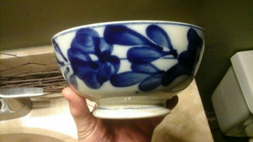 Antique Flow Blue Ironstone China BRUSH STROKE Fern Floral Bowl 6.75