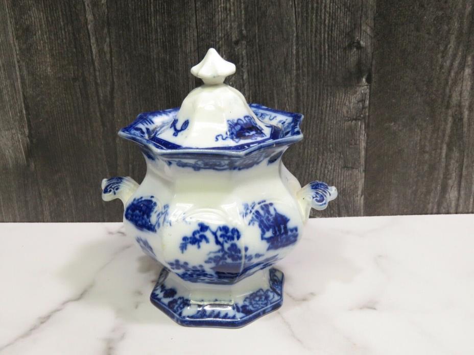 Antique Flow Blue Sugar Bowl with Lid and Handles Asian Moitiff