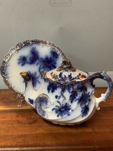 Flow Blue 1840s Teapot & Stand Hand Painted