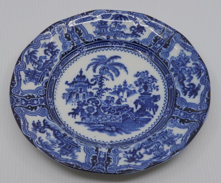 OLD W ADAMS & SONS ENGLISH FLOW BLUE PLATE, KYBER PATTERN, 9.25 INCHES