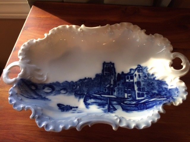 Monbijou R C Delft Flow Blue Relish Dish Scalloped Edges Double Handle Vintage