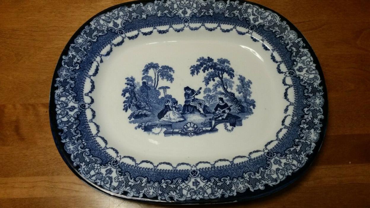 Vintage Doulton Flow Blue Watteau Musical Serenade Plate/Platter 13 1/2” x 11”