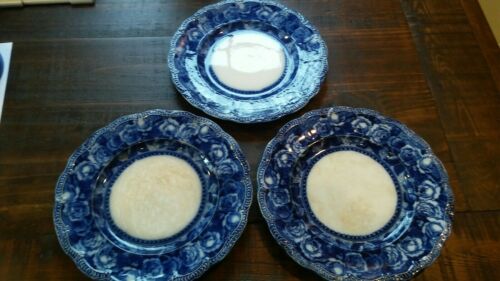 Antique Flow Blue Ridgway Josephine England set 3 plates 8 7/8 inch diameter
