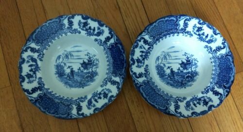 2 Flow Blue Geisha Blue/White Soup Bowls Upper Hanley English Porcelain