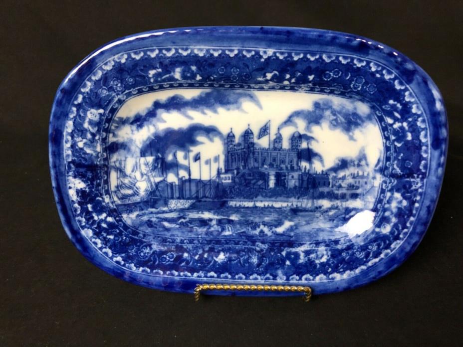 Antique and Gorgeous Blue Flow 11&1/8” Platter Depicts Castle Water Boats& Flags