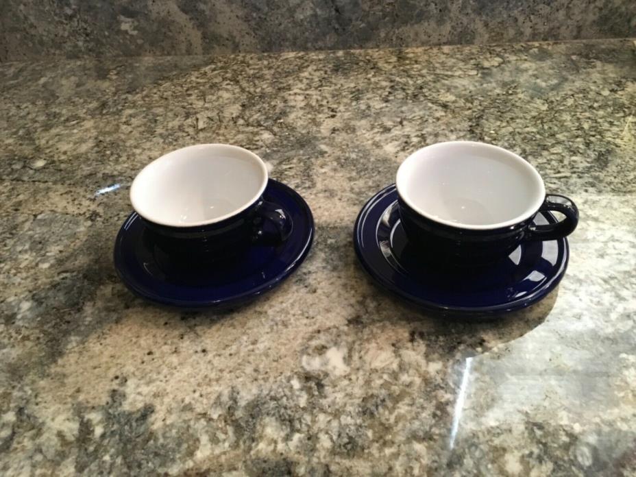 2 Emile Henry Cups and Saucers Blue