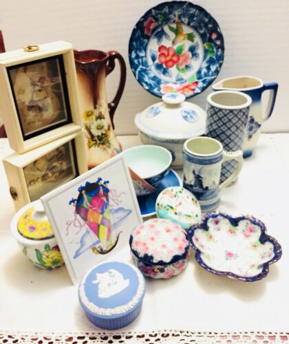 16 Lot VTG ANTIQUE BOWL Shadow Box Pitcher Humming Bird Plates Delft Wedgwood