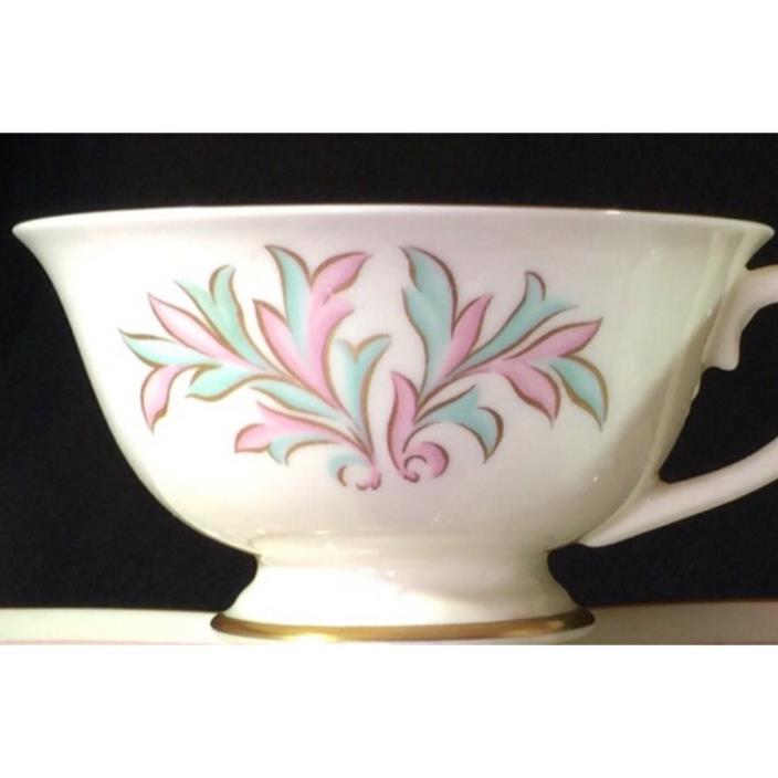 5 Franciscan “Rossmore” Pattern, Blue and Pink Leaves with Gold Trim Cups