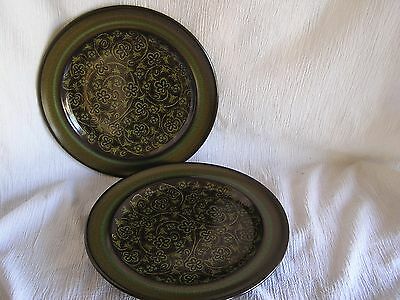 2 Vintage Franciscan Madeira USA Green Tan Floral Scroll Dinner Plate Dish Retro