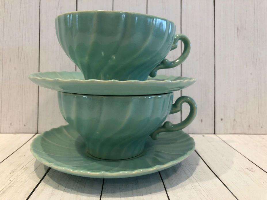 2 Franciscan Ware CORONADO Swirl Aqua Gloss Shiny Tea Coffee Cup Saucer