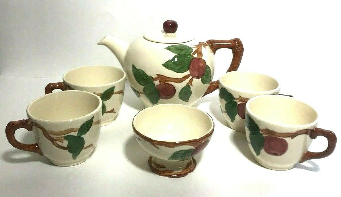 Vintage Franciscan Apple Teapot Four Tea Cups and One Sherbet Cup Lot