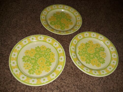 3 Vintage Franciscan Earthenware Picnic Dinner Plates, Green & Yellow Flowers