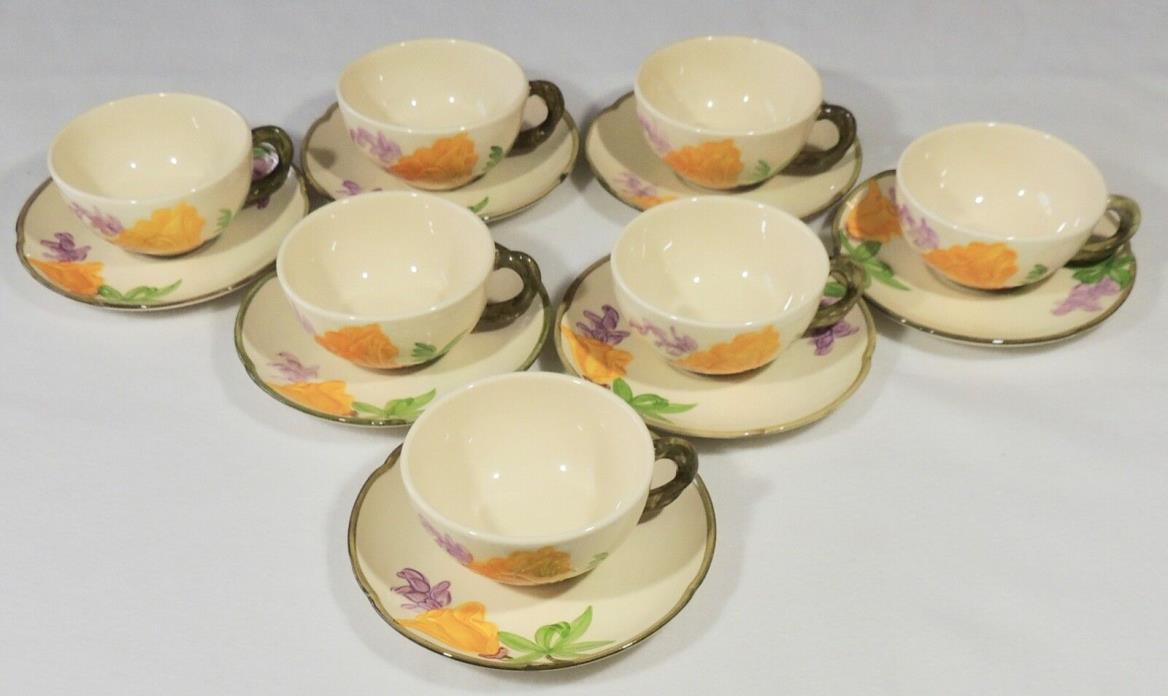 7 Franciscan California USA  Poppy Coffee Tea Cups & Saucers Excellent
