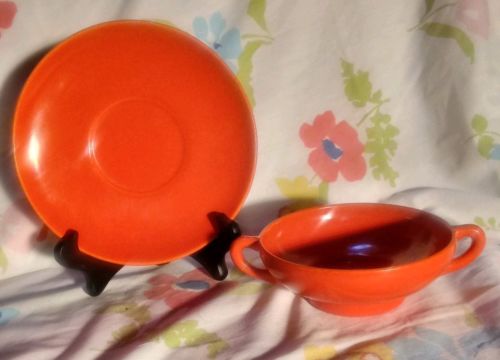 Vintage ~ 1940's ~ Franciscan ~ 2 Handled Soup Bowl & Saucer ~ Bright Orange