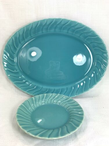 Vintage Franciscan Coronado Swirl Turquoise Aqua Saucer And Oval Platter