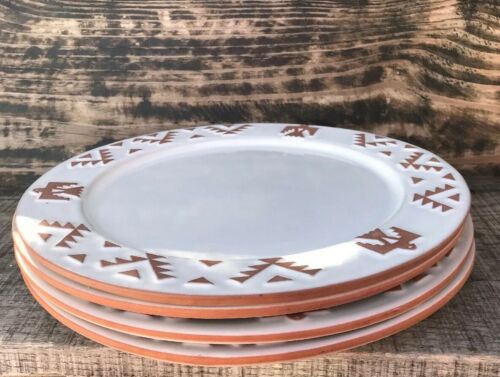 Set - 4 Vintage Frankoma Pottery Plates Thunderbird Southwest Design White 10.5”