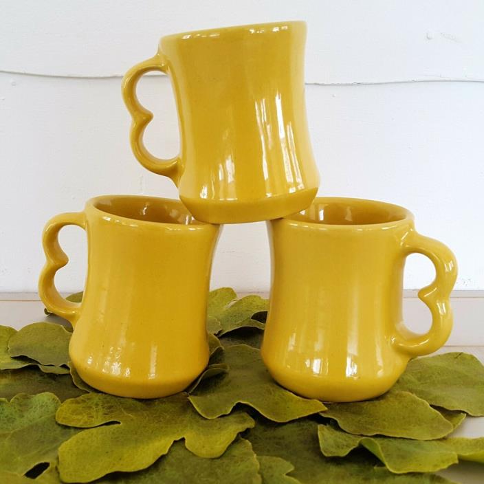 VTG Frankoma Pottery Mug Set 3 Sunflower Yellow Coffee Cups 2 Finger Trigger C9