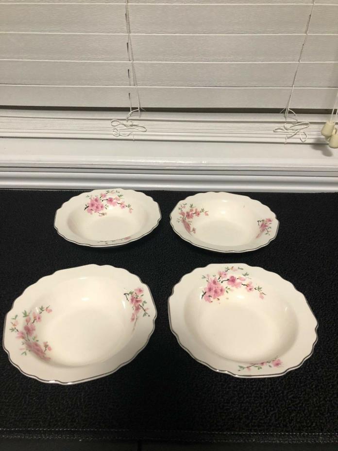 W S George White Lido Peach Blossom Platinum set of 4 cereal bowls pre-owned